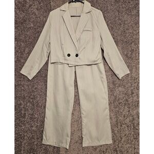 Grey Pinstripe 2 Piece Pant Suit Set Cropped Blazer Wide Leg Trousers Large